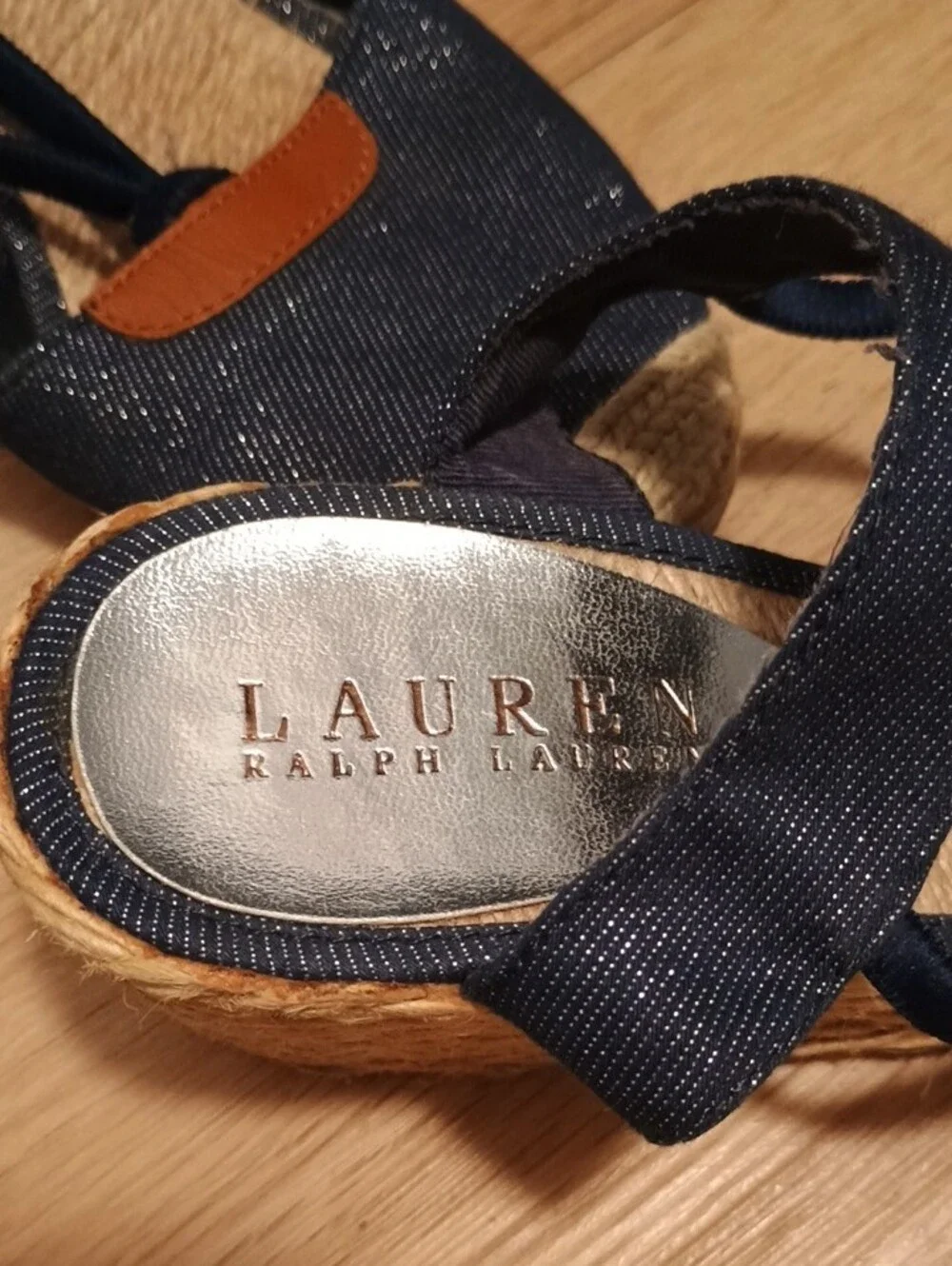 Lauren Ralph Lauren Navy Denim Espadrille Wedge Sandals with Tan Accent